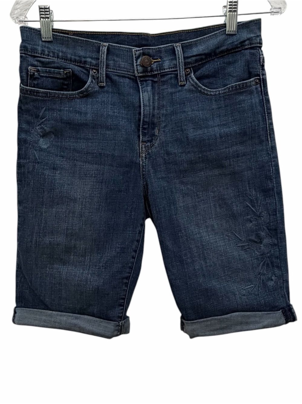 Levi's Women Blue Rolled-Cuff Embroidered Floral Stretch Denim Jean Short Sz 29